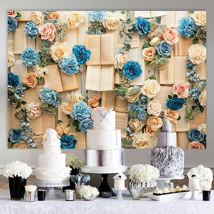 7x5FT Vintage Books Wall Backdrop Pink and Blue Rose Spring Flowers Books Page Backdrop for Kid Girls Birthday Party Decor Baby Shower Wedding Decoration Supplies KUBDJ1094