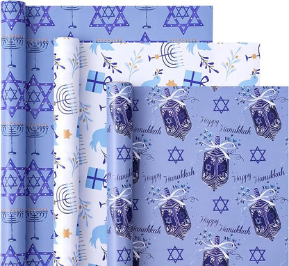 WRAPAHOLIC Hanukkah Wrapping Paper Roll - Mini Roll - 3 Rolls - 17 Inch x 120 Inch Per Roll - Menorah Lights, the Star of David and Dreidels Design