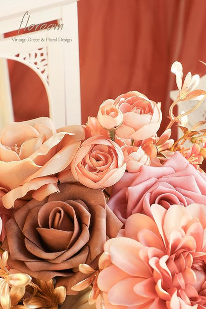 Floroom Terracotta Artificial Flowers Burnt Orange Fake Roses Dahlias and Greenery Combo Box Set for DIY Wedding Bouquets Bridal Shower Centerpieces Floral Arrangements Party Tables Home Decorations