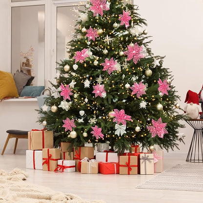 Boao Pink 24 Pieces Poinsettia Flower Christmas Glitter Artificial Poinsettia with Clips Christmas Tree Ornament Decorations for DIY Xmas Wreath Holiday Home Party Decor, 3/4/6 Inches