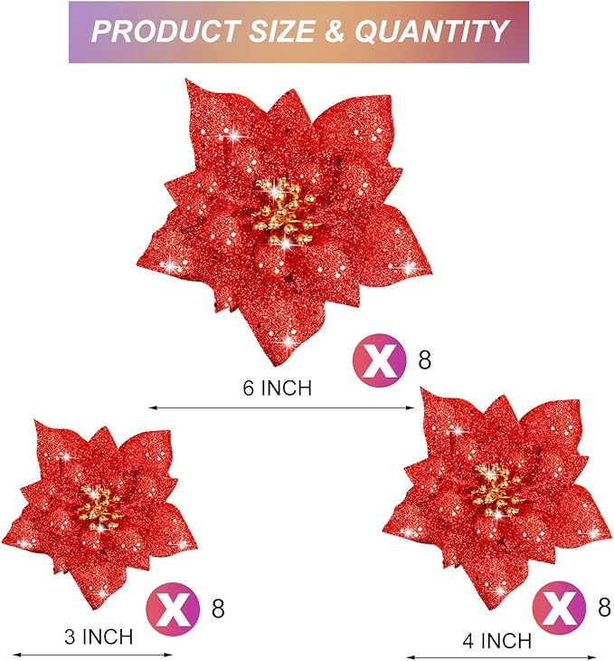Boao 24 Pieces Glitter Poinsettia Artificial Christmas Flowers Poinsettia Decorations Wedding Christmas Tree Ornaments, 3/4/6 Inches (Red)