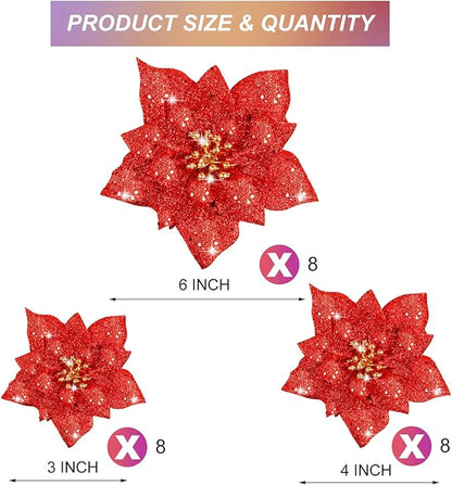 Boao 24 Pieces Glitter Poinsettia Artificial Christmas Flowers Poinsettia Decorations Wedding Christmas Tree Ornaments, 3/4/6 Inches (Red)