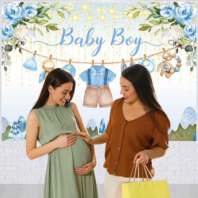 Blue Floral Baby Shower Backdrop Baby Boy Shower Decorations,Oh Baby Boy Outfit Backdrops Banner Watercolor Flower Photography Background for Baby Shower Party Supplies Photo Booth Prop 10x7ft