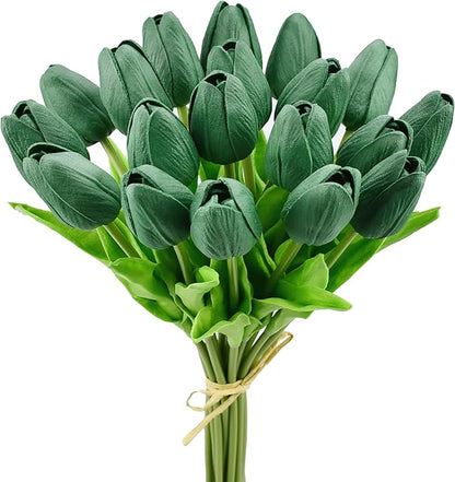 Mandy's Artificial Tulips 20 Stems Dark Green PU Faux Flowers for Thanksgiving and Christmas Decorations Wedding Home Decor 13.5 Inch