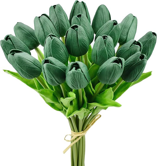 Mandy's Artificial Tulips 20 Stems Dark Green PU Faux Flowers for Thanksgiving and Christmas Decorations Wedding Home Decor 13.5 Inch