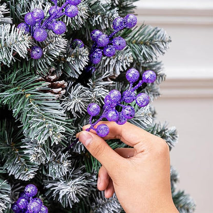 24 Pcs Purple Boxed Christmas Poinsettia Flowers Set, 16 Pcs Artificial Poinsettias with Clips, 8 pcs Glitter Christmas Tree Ornaments Berry Stems for Wedding Home Holiday Xmas New Year Decorations