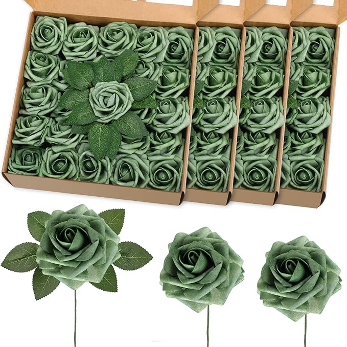 100 Pieces Artificial Foam Rose Flowers Faux Bouquet with Leaves and Stems for DIY Wedding Bouquets Centerpieces Bridal Shower Party Valentine Home Decorations(Elf Green)