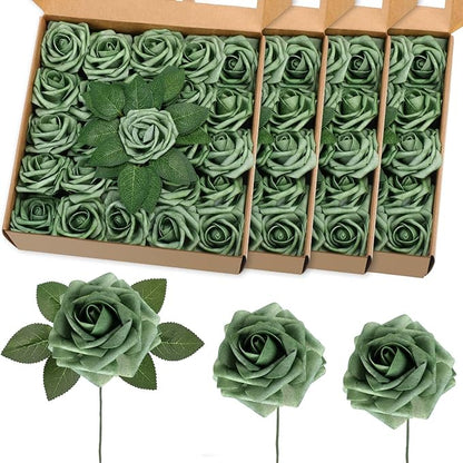 100 Pieces Artificial Foam Rose Flowers Faux Bouquet with Leaves and Stems for DIY Wedding Bouquets Centerpieces Bridal Shower Party Valentine Home Decorations(Elf Green)