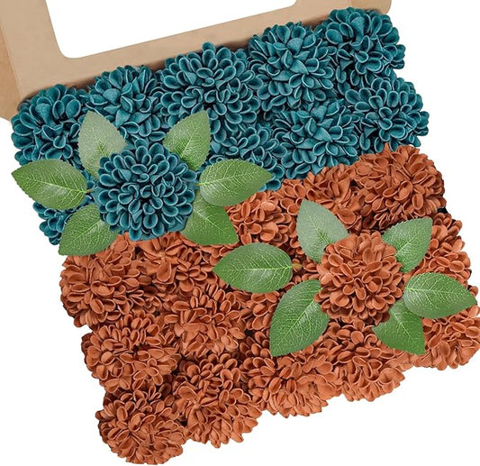 Artificial Flowers, 25pcs Realistic Artificial Rose for DIY Wedding Bouquets Centerpieces Arrangements, Terracotta and Dark Teal Dahlia Flowers with Stem for Party Home Decorations