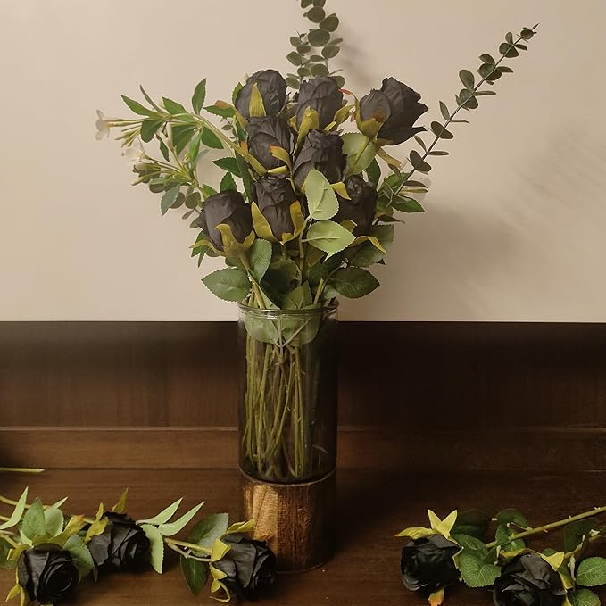 Artificial Roses 10 Pcs - Lifelike Single Stem Fake Roses with Natural Petal Texture,Fade-Resistant Silk Flowers for Wedding Decor,Home Vase Arrangements,Party Centerpieces(10, Black)