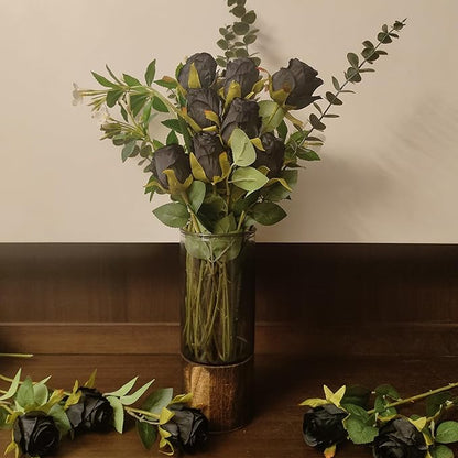 Artificial Roses 10 Pcs - Lifelike Single Stem Fake Roses with Natural Petal Texture,Fade-Resistant Silk Flowers for Wedding Decor,Home Vase Arrangements,Party Centerpieces(10, Black)