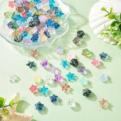 110Pcs 14mm Gradient Glass Star Beads Colorful Starfish Crystal Beads Clear Bowknot Pentagram Charm Beads Ocean Beach Craft Beads Loose Spacer Beads for DIY Bracelet Earring Jewelry Making