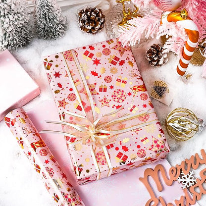 Yarcony Pink Christmas Gift Wrapping Paper, Reindeer Wrapping Paper, Elegant Vintage Pink and Gold Deer Girls Holiday Gift Wrap with Metallic Shine for Christmas Presents, Party (17Inch x 33Feet)