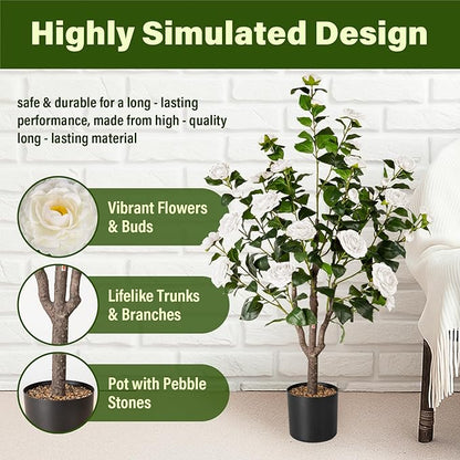 Artificial Camellia Tree,2Pack 3.6FT Faux White Camellia Plants in Pots,Lifelike Artificial Flower Trees for Indoor Outdoor Home Decor,Realistic Blooming Faux Plants for Living Room Porch Patio Office