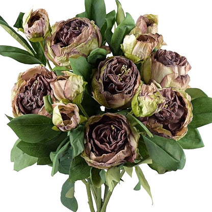 FiveSeasonStuff Vintage Walnut Brown Peonies – Realistic Artificial Silk Flowers with Dry-Look Petals, 6 Stems for Rustic Home & Wedding Floral Arrangements