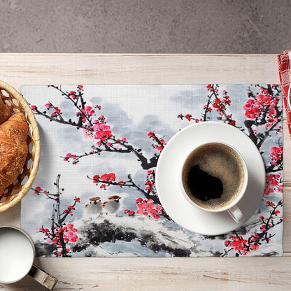 Ink Painting Cherry Blossoms Placemats Set of 4,Vintage Chinese Art Ink Painting Flower Linen Placemats Decoration for Family Dinners, Party, Holidays, Gathering 4 PCS