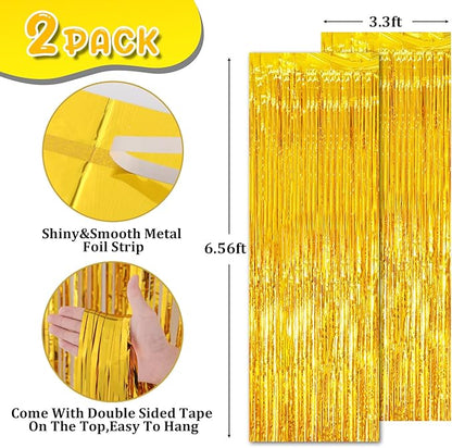 2 Pack Gold Tinsel Foil Fringe Curtains, Gold Party Decorations, Metallic Tinsel Party Streamers Backdrop for Birthday Baby Shower Graduation Wedding New Year Party Decorations