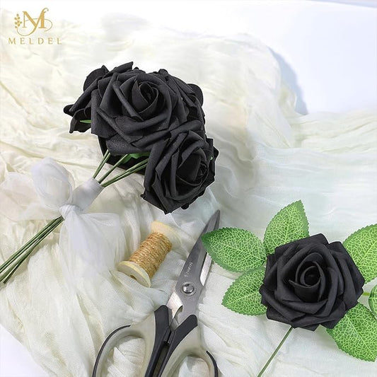 Meldel Artificial Flower 50pcs Real Touch Black Rose Fake Foam Roses with Stems for DIY Wedding Bouquets Gifts Bulk Crafts Faux Floral Centerpieces Arrangements Party Tables Home Halloween Decorations