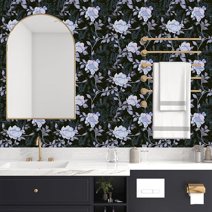Black White Blue Floral Peel and Stick Wallpaper Flowers Contact Paper 17.5"x118" Self Adhesive Waterproof Vintage Dark Floral Wall Paper for Shelf Liner Cabinet Decor
