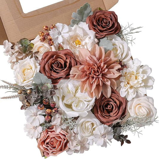 Artificial Flowers Combo Set Fake Flower Leaf for DIY Wedding Bouquets Floral Centerpieces for Tables Party Baby Shower Home Decorations(Coffee White)