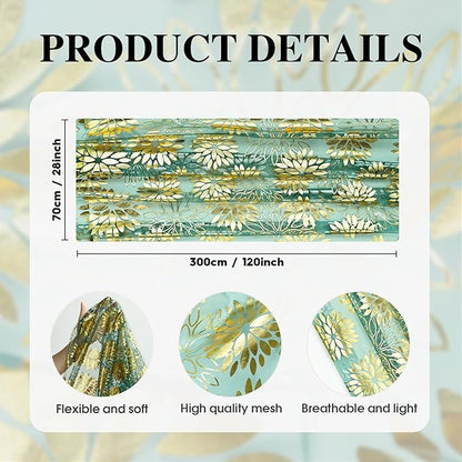 Artoid Mode Green Gold Dahlia Flower Gauze Table Runner 120 Inch 10FT, Glitter Metallic Foil Seasonal Sheer Dining Holiday Table Decor for Home Party