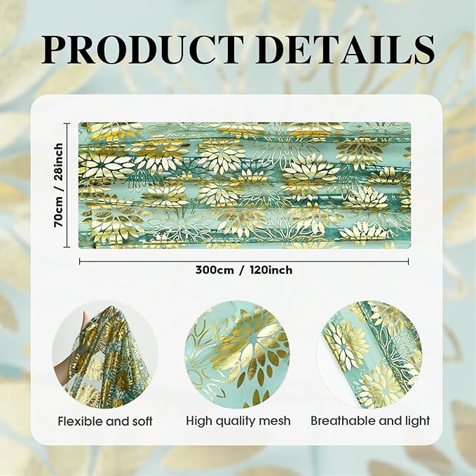 Artoid Mode 3PCS Green Gold Dahlia Flower Gauze Table Runner 120 Inch 10FT, Glitter Metallic Foil Seasonal Sheer Dining Holiday Table Decor for Home Party