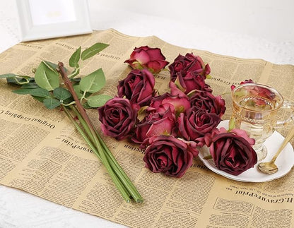IPOPU Burgundy Roses Artificial Flowers 12PCS Roses Flowers Heads Dried Silk Flowers Burgundy Flowers Artificial for Decorations with Single Stems for Floral Arrangements Wedding Flower