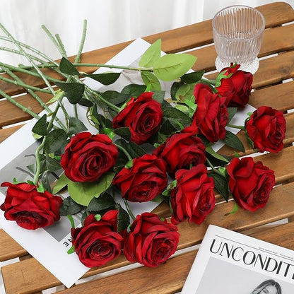 Tifuly Red Roses Artificial Flowers - 12 pcs Realistic Long Stem Fake Roses Faux Silk Flowers for DIY Bouquets Wedding Centerpieces Arrangements Home Party Decor（Burgundy）