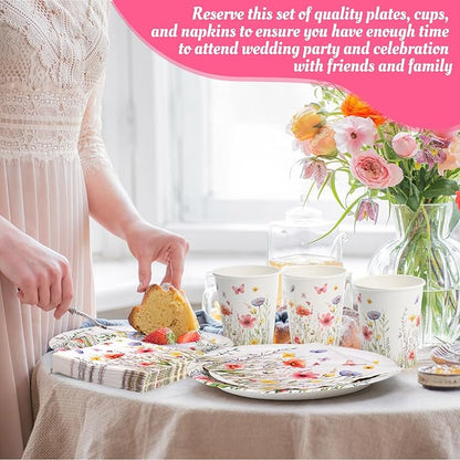 250 Pcs Wildflower Party Decorations Include Spring Summer Floral Paper Plates Napkins and Cups for Wildflower Baby Shower Tea Decorations, Serve 50 Guest(Colored,Vivid Style)