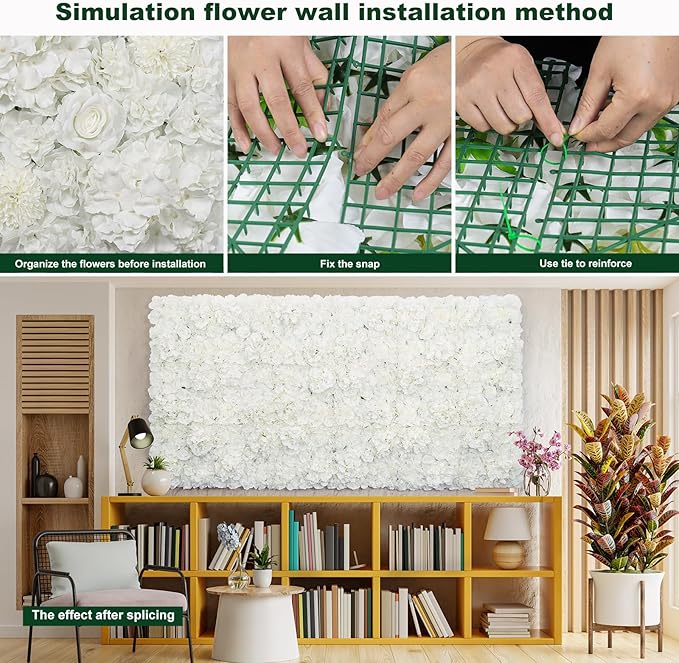 Artificial Flower Wall Backdrop 16pcs 16.5x16.5 Inch Silk Rose Floral Wall Panel Ideal for Wedding Celebrations, Festive Party Backdrops, and Elegant Home Decor-White