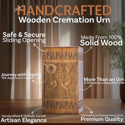 INTAJ Handcarved Rosewood Hummingbird Oversized Urn for Human Ashes - 640 lbs Companion Capacity - Wooden Cremation Urn Box for Burial Funeral Decorative Memorial Casket Floral Carving