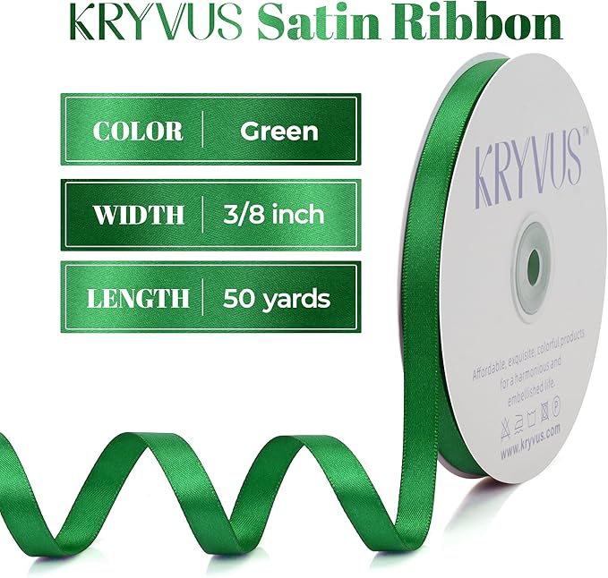 Green Satin Ribbon, Double Faced 3/8 Inch X 50 Yards Green Ribbon, Premium Satin Ribbon for Gift Wrapping, Crafts, Hair Bow Making, Sewing, Flower Bouquet, Wedding Party Decor