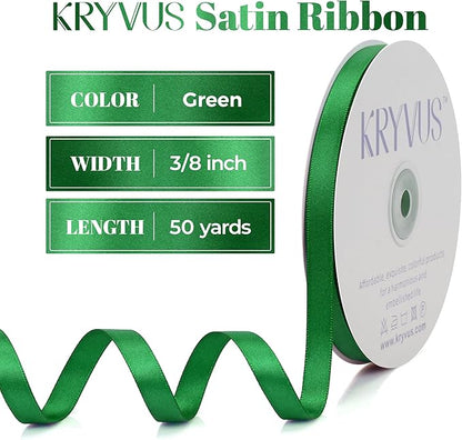 Green Satin Ribbon, Double Faced 3/8 Inch X 50 Yards Green Ribbon, Premium Satin Ribbon for Gift Wrapping, Crafts, Hair Bow Making, Sewing, Flower Bouquet, Wedding Party Decor