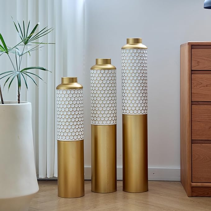 Floor Vases, Tall Home Decor Metal Vase Set of 3 Large Glazed Decorative Vases for Wedding Decor, Elegant Modern Flower Holder for Living Room, Entryway, Hallway, Dining Room
