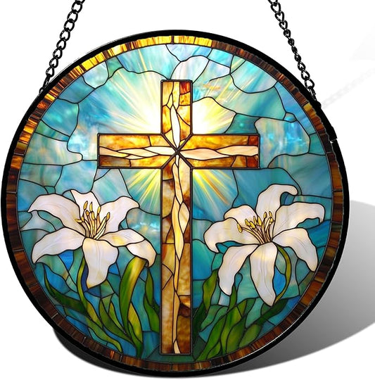 Christian Gifts for Women - Cross Stained Glass Window Hanging Jesus Easter White Lily Flower Sun Catcher Garden Religion Decor Mother's Day Catholic Gift for Men Grandma Mom Her Nana 15"