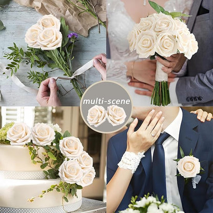 200PCS Artificial Flowers Champagne Roses Real Looking Foam Fake Roses with Leaves and for DIY Wedding Bouquets Bridal Shower Centerpieces Party Decorations (Champagne, 200)