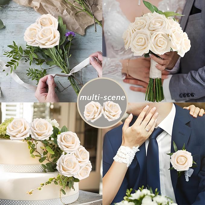 100PCS Champagne Artificial Flowers Roses Real Looking Foam Fake Roses with Leaves for DIY Wedding Bouquets Bridal Shower Centerpieces Party Decorations (Champagne, 100)