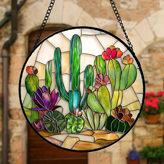 Stained Glass Window Hanging, White Green Cactus Suncatcher Diamond Glass Panel Hangings Sun Catchers Decor for Birthday for Women, Men, Wife, Aunt, and Mom 9.8 in