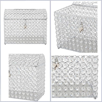 Crystal Wedding Card Box With Heart Lock Silver Treasure Chest Money Card Box Gift Decorative Memory Box for Wedding Birthday Graduation Party Decoration