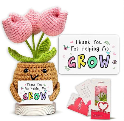 Gossby Handmade Positive Tulip Flower Crochet - Thank You for Helping Me Grow - Teacher Appreciation Gift - Thank You, Birthday, Graduation, Last Day of School Gift for Teacher from Student