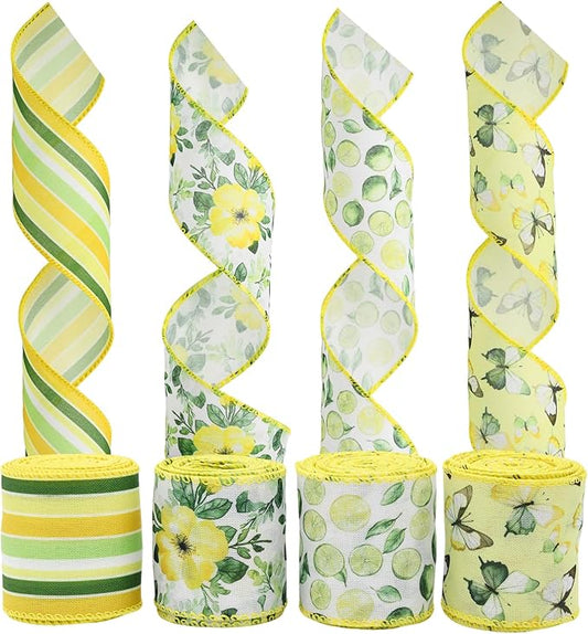 4 Rolls Floral Wired Edge Ribbon – Spring Summer Yellow Grosgrain with Butterfly, Lemon & Flower Motifs for Gift Wrapping, Wedding Decor, DIY Crafts (2.5 Inch, 5 Yards Each), Mother's Day Gift
