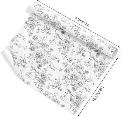 JarThenaAMCS Silver Foil Floral Wrapping Paper - Mini Roll - 17 Inch x 32.8 Ft Vintage Flower Gift Wrap Paper Decorative Art Paper for Spring DIY Crafts Supplies