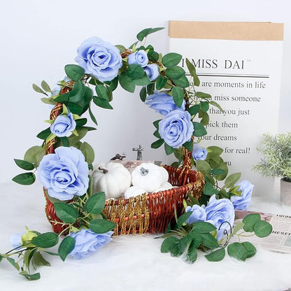TELDRASSIL 4Pcs(26 FT) Artificial Rose Vine Fake Flower Garland Fake Silk Rose Hanging Vine for Wedding Party Background Arch Garden Background Decoration (Blue)