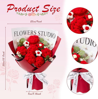 Red Crochet Flowers Bouquet Red Knitted Flower Rose Crochet Bouquet Handmade for Wedding, Anniversary, Christmas, Graduation Crochet Gifts for Women (Includes Card)