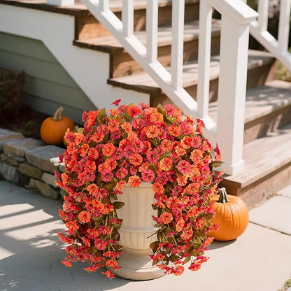Artificial Fall Hanging Flowers for Outdoors Decoration, 2PCS Fake Plants Faux Realistic Silk Morning Glory Long Vines UV Resistant for Autumn Outside Porch Patio Balcony Yard Planter, OrangeRed