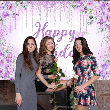Avezano Happy Birthday Backdrop Banner for Girls Women Happy Birthday Party Decorations Floral Glitters Bday Banner Party Supplies (Purple, 7x5ft)