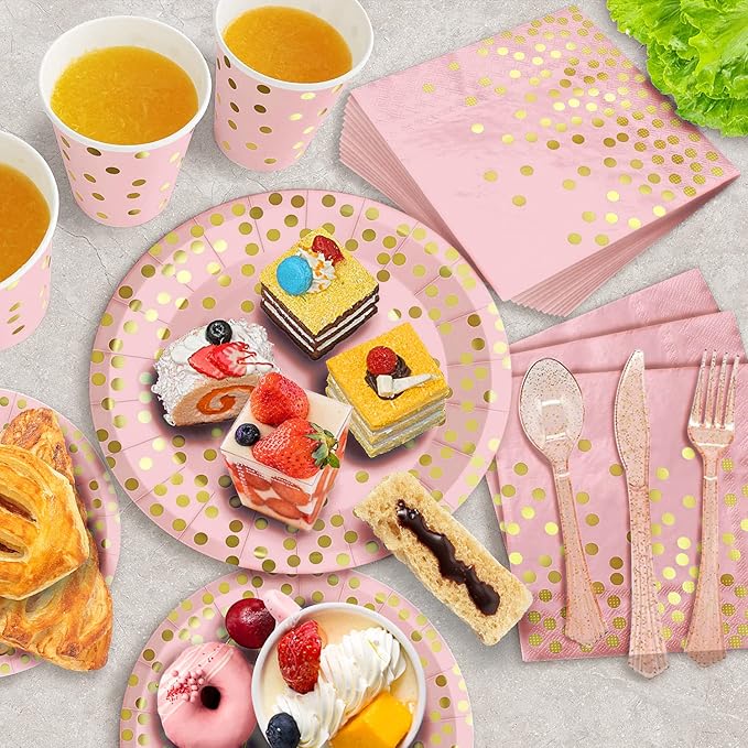 AIRE 175PCS Pink Rose Gold Plates Party Supplies Severs 25 Guests Disposable Party Decorations, Plastic Forks Knives Spoons, Golden Dot Paper Plates Napkins Cups for Baby Shower Birthday Wedding