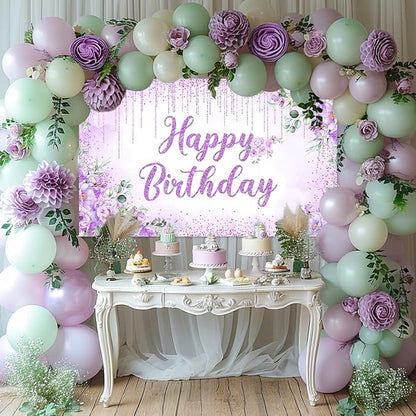 Avezano Happy Birthday Backdrop Banner for Girls Women Happy Birthday Party Decorations Floral Glitters Bday Banner Party Supplies (Purple, 6x3.6ft)