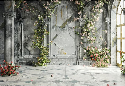 Baocicco 8x6.5ft Place Flower Wall Photography Background Victoria Arch European Castle Wall Pink Red Rose Backdrop for Women Girls Themed Party Decorations Wedding Baby Shower Cake Table Photoshoot