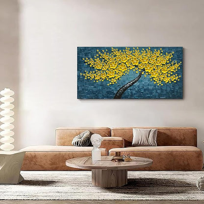 100% Hand Painted 3D Yellow Flower Tree Oil Painting Blue Canvas Texture Mural Living Room Bedroom Dining Room Mural 24x48 inches